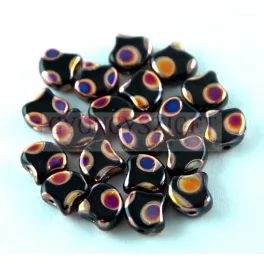   Ginko - cseh préselt kétlyukú gyöngy - Jet Marea Peacock  - 7.5 x 7.5 mm