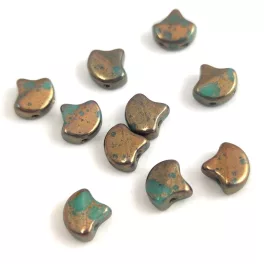   Ginko - cseh préselt kétlyukú gyöngy - Turquoise Green Bronze - 7.5  x 7.5 mm