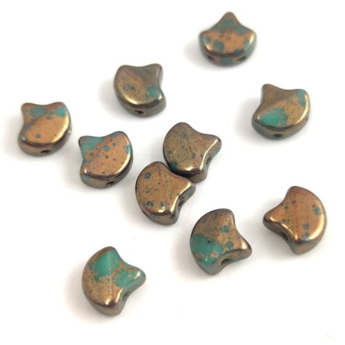 Ginko - cseh préselt kétlyukú gyöngy - Turquoise Green Bronze - 7.5  x 7.5 mm