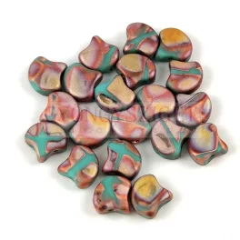   Ginko - cseh préselt kétlyukú gyöngy - Matt Bronze Apollo Turquoise - 7.5  x 7.5 mm