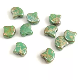   Ginko - cseh préselt kétlyukú gyöngy - Turquoise Green Rembrandt - 7.5  x 7.5 mm