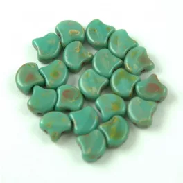   Ginko - cseh préselt kétlyukú gyöngy - Turquoise Green Picasso - 7.5  x 7.5 mm