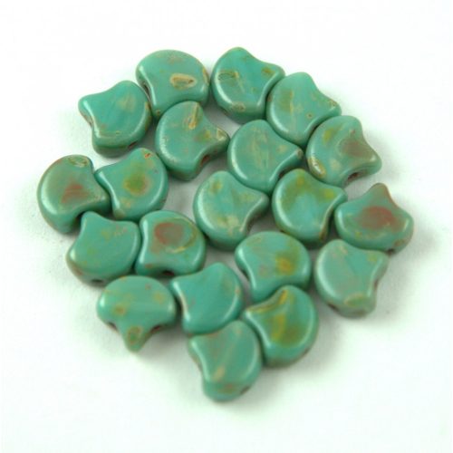 Ginko - Czech Pressed 2 Hole Glass Bead - Turquoise Green Picasso - 7.5 x 7.5 mm
