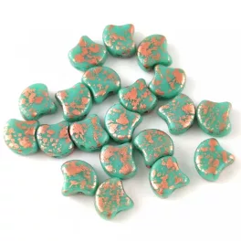   Ginko - cseh préselt kétlyukú gyöngy - Turquoise Green Copper Patina - 7.5  x 7.5 mm