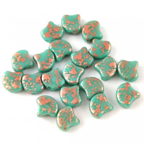 Ginko - cseh préselt kétlyukú gyöngy - Turquoise Green Copper Patina - 7.5  x 7.5 mm