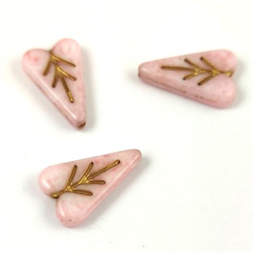Heart Leaf gyöngy - hosszában fúrt cseh préselt gyöngy - Alabaster Pink Luster Gold - 16x11mm