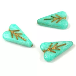   Heart Leaf gyöngy - hosszában fúrt cseh préselt gyöngy - Alabaster Turquoise Luster Gold - 16x11mm