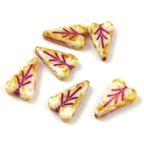 Heart Leaf gyöngy - hosszában fúrt cseh préselt gyöngy - Alabaster Travertine Fuchsia - 16x11mm