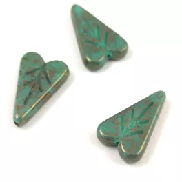   Heart Leaf gyöngy - hosszában fúrt cseh préselt gyöngy - Turquoise Green Bronze - 16x11mm