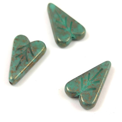 Heart Leaf gyöngy - hosszában fúrt cseh préselt gyöngy - Turquoise Green Bronze - 16x11mm