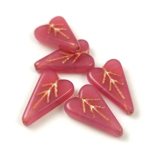 Heart Leaf gyöngy - hosszában fúrt cseh préselt gyöngy - Opal Pink Brass - 16x11mm