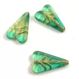   Heart Leaf gyöngy - hosszában fúrt cseh préselt gyöngy - Green Bland Gold - 16x11mm