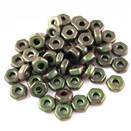 Czech Pressed Hexagon Bead - Jet Polychrome Sage - 2x5mm