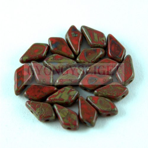 Kite - cseh préselt kétlyukú gyöngy - Dark Red Picasso - 9x5mm