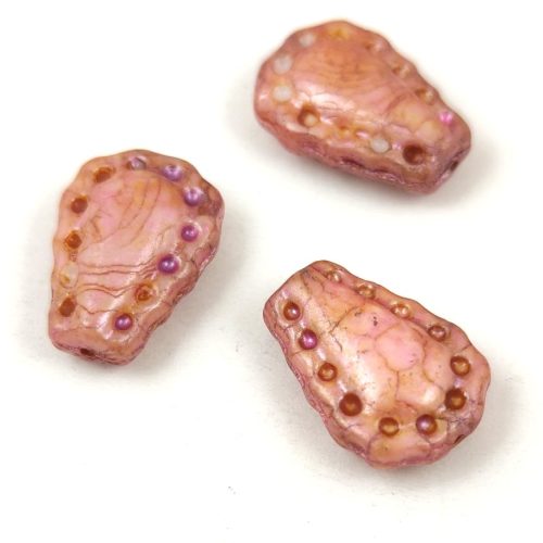 Lacy Tear préselt üveggyöngy - hosszában fúrt - Alabaster Brown Pink Luster - 17x12mm