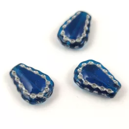  Lacy Tear préselt üveggyöngy - hosszában fúrt - Trans Capri Blue Silver - 17x12mm