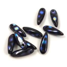 Dagger - Czech Glass Bead - Jet AB Peacock - 3x11 mm
