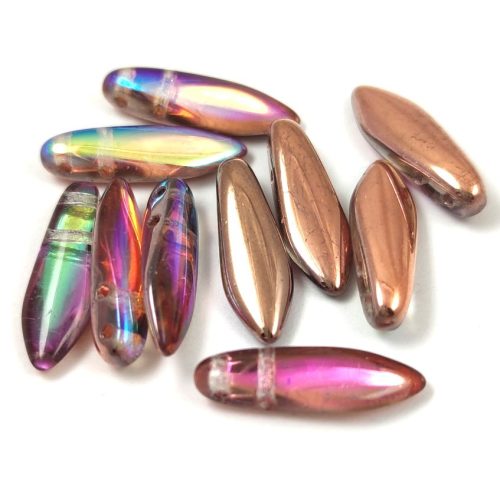 Lándzsa (szirom) cseh préselt üveggyöngy két lyukkal - Crystal Copper Rainbow - 5x16mm