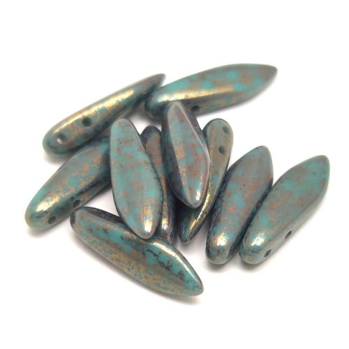 Dagger - Czech 2 Hole Glass Bead - Turquoise Blue Bronze - 5x16mm