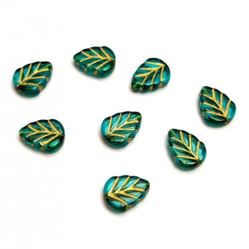 Cseh üveg gyöngy - hosszában fúrt levél alakú - Emerald Gold - 10x8mm