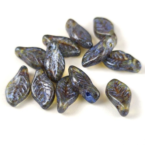 Cseh üveg gyöngy - tetején fúrt levél alakú - Crystal Brown Blue Luster - 6x12mm