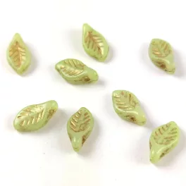 Czech Glass Bead - Leaf - Alabaster Mint Gold - 6x12mm