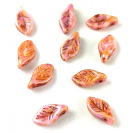   Czech Glass Bead - Leaf - Alabaster Brown Pink Luster - 6x12mm