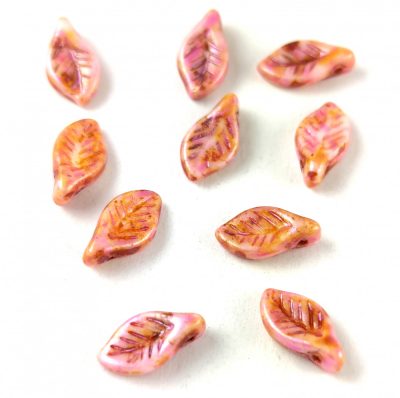 20pcs Bohemian Pressed Beads Leaf CZB-155 size: 6x12mm Alabaster Brown Pink Luster 02010-65323