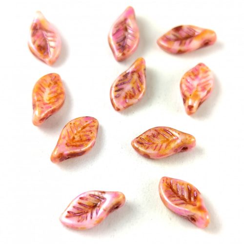Czech Glass Bead - Leaf - Alabaster Brown Pink Luster - 6x12mm