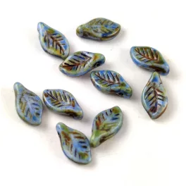   Czech Glass Bead - Leaf - Alabaster Brown Green Luster - 6x12mm
