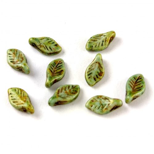 Czech Glass Bead - Leaf - Alabaster Brown Green Luster - 6x12mm