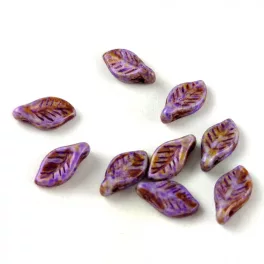   Czech Glass Bead - Leaf - Alabaster Brown Purple Luster - 6x12mm