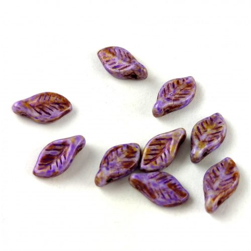 Czech Glass Bead - Leaf - Alabaster Brown Purple Luster - 6x12mm