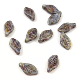   Czech Glass Bead - Leaf - Alabaster Brown Purple Luster - 6x12mm