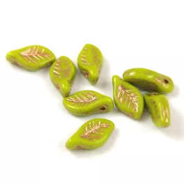 Czech Glass Bead - Leaf -  Light Green Gold  - 6x12mm