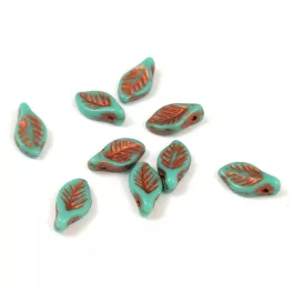   Czech Glass Bead - Leaf - Turquoise Green Copper Luster - 6x12mm