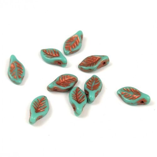 Cseh üveg gyöngy - tetején fúrt levél alakú - Turquoise Green Copper Luster - 6x12mm