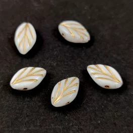 Czech Glass Bead - Leaf - Alabaster Gold - 7x11mm