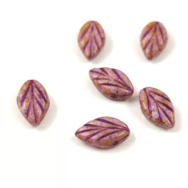 Czech Glass Bead - Leaf - Alabaster Purple Brown - 7x11mm