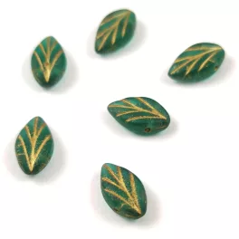 Czech Glass Bead - Leaf - Matt Emerald Gold - 7x11mm