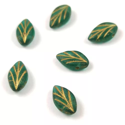 Czech Glass Bead - Leaf - Matt Emerald Gold - 7x11mm