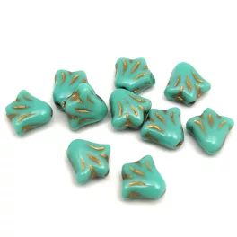   Lily Flower - hosszában fúrt cseh préselt gyöngy - Turquoise Green Bronz - 9mm