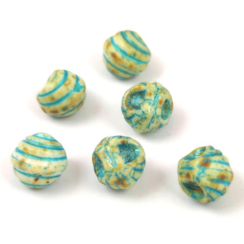 Mushroom - Czech Glass Bead - Striped - Alabaster Travertine Turquoise - 9x8mm