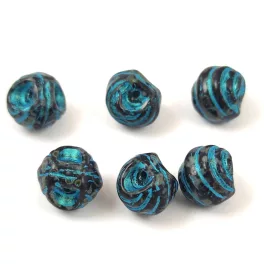   Mushroom - Czech Glass Bead - Striped - Jet Travertine Turquoise - 9x8mm