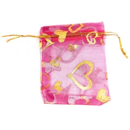 Organza tasak - fukszia - arany szív dekor - 7x9 cm