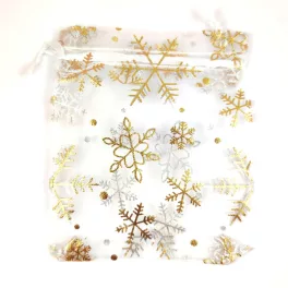 Organza tasak - arany - hópihe dekor - 10x12 cm