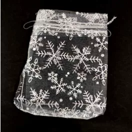 Organza tasak - ezüst - hópihe dekor - 10x12 cm