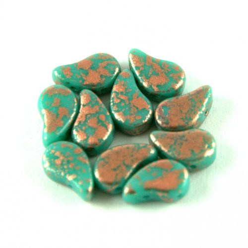 Paisley Duo - cseh préselt kétlyukú gyöngy - Turquoise Green Copper Patina - 7.5  x 7.5 mm