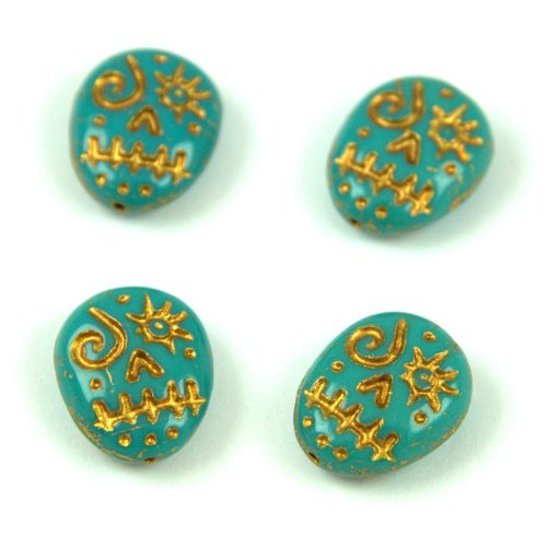 Cseh préselt egyedi formák -  Turquoise Green Gold - Calavera - 16x13mm