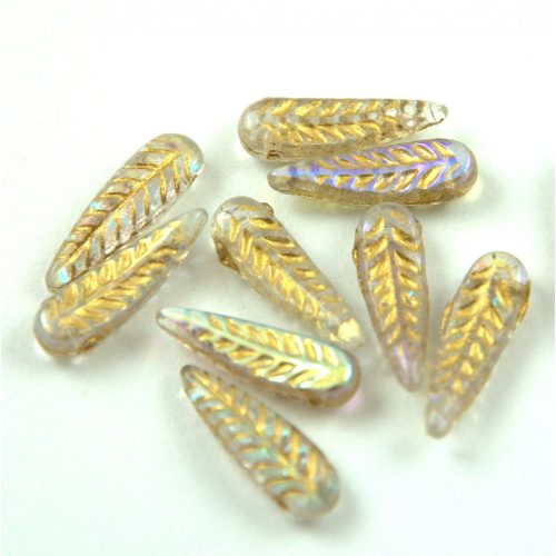 Special Shapes - Czech Glass Bead - Feather - Crystal AB Gold Luster - 5x17mm